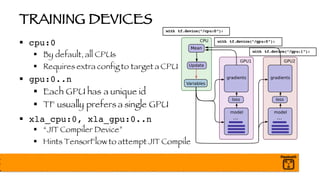 TRAINING DEVICES
§ cpu:0
§ By default, all CPUs
§ Requires extra config to target a CPU
§ gpu:0..n
§ Each GPU has a unique id
§ TF usually prefers a single GPU
§ xla_cpu:0, xla_gpu:0..n
§ “JIT Compiler Device”
§ Hints TensorFlow to attempt JIT Compile
with tf.device(“/cpu:0”):
with tf.device(“/gpu:0”):
with tf.device(“/gpu:1”):
 