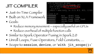 JIT COMPILER
§ Just-In-Time Compiler
§ Built on XLA Framework
§ Goals:
§ Reduce memory movement – especiallyuseful on GPUs
§ Reduce overhead of multiple function calls
§ Similar to Spark Operator Fusing in Spark 2.0
§ Unroll Loops, Fuse Operators, Fold Constants, …
§ Scope to session, device, or `with jit_scope():`
 