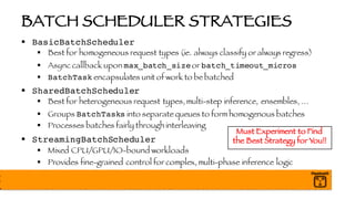 BATCH SCHEDULER STRATEGIES
§ BasicBatchScheduler
§ Best for homogeneous request types (ie. always classify or always regress)
§ Async callback upon max_batch_size or batch_timeout_micros
§ BatchTask encapsulates unit of work to be batched
§ SharedBatchScheduler
§ Best for heterogeneous request types, multi-step inference, ensembles, …
§ Groups BatchTasks into separate queues to form homogenous batches
§ Processes batches fairly through interleaving
§ StreamingBatchScheduler
§ Mixed CPU/GPU/IO-bound workloads
§ Provides fine-grained control for complex, multi-phase inference logic
Must Experiment to Find
the Best Strategy for You!!
 