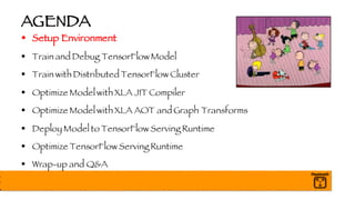 AGENDA
§ Setup Environment
§ Train and Debug TensorFlow Model
§ Train with Distributed TensorFlow Cluster
§ Optimize Model with XLA JIT Compiler
§ Optimize Model with XLA AOT and Graph Transforms
§ Deploy Model to TensorFlow Serving Runtime
§ Optimize TensorFlow Serving Runtime
§ Wrap-up and Q&A
 