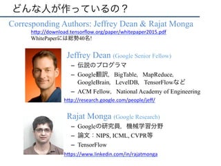 どんな人が作っているの？
•  Corresponding Authors: Jeffrey Dean & Rajat Monga
•  Jeffrey Dean (Google Senior Fellow)
–  伝説のプログラマ
–  Google翻訳，BigTable，MapReduce，
GoogleBrain，LevelDB，TensorFlowなど
–  ACM Fellow，National Academy of Engineering
h"p://research.google.com/people/jeﬀ/	
h"ps://www.linkedin.com/in/rajatmonga	
•  Rajat Monga (Google Research)
–  Googleの研究員，機械学習分野
–  論文：NIPS, ICML, CVPR等
–  TensorFlow
h"p://download.tensorﬂow.org/paper/whitepaper2015.pdf	
WhitePaperには総勢40名!
 