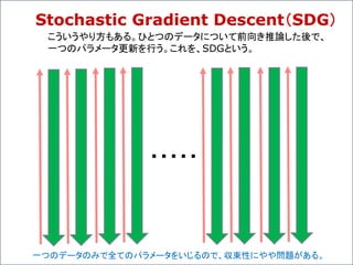 Stochastic Gradient Descent（SDG）
・・・・・
こういうやり方もある。ひとつのデータについて前向き推論した後で、
一つのパラメータ更新を行う。これを、SDGという。
一つのデータのみで全てのパラメータをいじるので、収束性にやや問題がある。
 