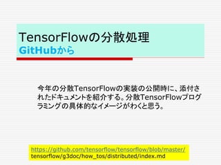 TensorFlowの分散処理
GitHubから
今年の分散TensorFlowの実装の公開時に、添付さ
れたドキュメントを紹介する。分散TensorFlowプログ
ラミングの具体的なイメージがわくと思う。
https://github.com/tensorflow/tensorflow/blob/master/
tensorflow/g3doc/how_tos/distributed/index.md
 