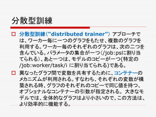 分散型訓練
 分散型訓練（“distributed trainer”） アプローチで
は、ワーカー毎に一つのグラフをもたせ、複数のグラフを
利用する。ワーカー毎のそれぞれのグラフは、次の二つを
含んでいる。パラメータの集合が一つ（/job:psに割り当
てられる）、あと一つは、モデルのコピーが一つ(特定の
/job:worker/task/i に割り当てられる)である。
 異なったグラフ間で変数を共有するために、コンテナーの
メカニズムが利用される。すなわち、それぞれの変数が構
築される時、グラフのそれぞれのコピーで同じ値を持つ、
オプショナルなコンテナーの引数が指定される。 大きなモ
デルでは、全体的なグラフはより小さいので、この方法は、
より効率的に機能する。
 