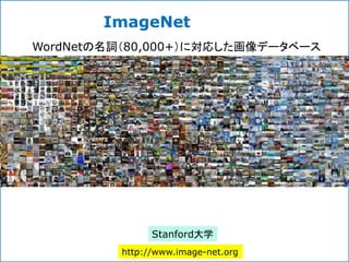 ImageNet
http://www.image-net.org
WordNetの名詞（80,000+）に対応した画像データベース
Stanford大学
 