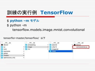 訓練の実行例 TensorFlow
$ python –m モデル
$ python -m
tensorflow.models.image.mnist.convolutional
tensorflor-master/tensorflow/ 以下
 
