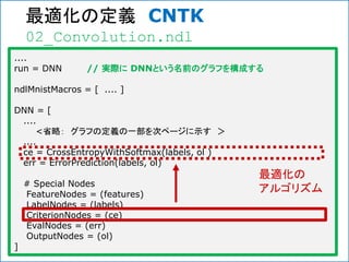....
run = DNN // 実際に DNNという名前のグラフを構成する
ndlMnistMacros = [ .... ]
DNN = [
....
<省略： グラフの定義の一部を次ページに示す ＞
....
ce = CrossEntropyWithSoftmax(labels, ol )
err = ErrorPrediction(labels, ol)
# Special Nodes
FeatureNodes = (features)
LabelNodes = (labels)
CriterionNodes = (ce)
EvalNodes = (err)
OutputNodes = (ol)
]
最適化の
アルゴリズム
02_Convolution.ndl
最適化の定義 CNTK
 