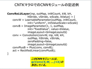 CNTKマクロでのCNNモジュールの記述例
ConvReLULayer(inp, outMap, inWCount, kW, kH,
hStride, vStride, wScale, bValue) = [
convW = LearnableParameter(outMap, inWCount,
init="uniform", initValueScale=wScale)
convB = ImageParameter(1, 1, outMap,
init="fixedValue", value=bValue,
imageLayout=$imageLayout$)
conv = Convolution(convW, inp, kW, kH,
outMap, hStride, vStride,
zeroPadding=false,
imageLayout=$imageLayout$)
convPlusB = Plus(conv, convB);
act = RectifiedLinear(convPlusB);
]
このCNNモジュールは、
φ(Conv(X,W, ...)+b)の
形をしている。
 