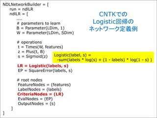 NDLNetworkBuilder = [
run = ndlLR
ndlLR = [
....
# parameters to learn
B = Parameter(LDim, 1)
W = Parameter(LDim, SDim)
# operations
t = Times(W, features)
z = Plus(t, B)
s = Sigmoid(z)
LR = Logistic(labels, s)
EP = SquareError(labels, s)
# root nodes
FeatureNodes = (features)
LabelNodes = (labels)
CriteriaNodes = (LR)
EvalNodes = (EP)
OutputNodes = (s)
]
]
Logistic(label, s) =
-sum(labels * log(s) + (1 - labels) * log(1 - s) )
CNTKでの
Logistic回帰の
ネットワーク定義例
 