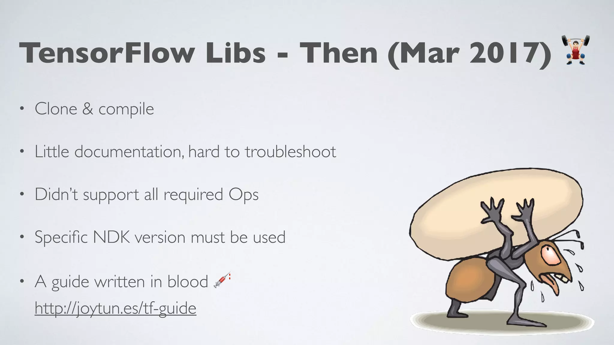 TensorFlow Libs - Then (Mar 2017) +
• Clone & compile
• Little documentation, hard to troubleshoot
• Didn’t support all required Ops
• Speciﬁc NDK version must be used
• A guide written in blood 💉 
http://joytun.es/tf-guide
 
