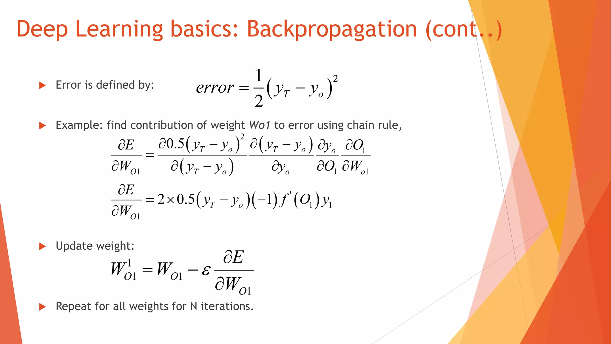 Deep Learning basics: Backpropagation (cont..)
Error is defined by:
Example: find contribution of weight Wo1 to error using chain rule,
Update weight:
Repeat for all weights for N iterations.
 
21
2
T oerror y y 
 
 
 
    
2
1
1 1 1
'
1 1
1
0.5
2 0.5 1
T o T o o
O T o o o
T o
O
y y y y y OE
W y y y O W
E
y y f O y
W
     

     

   

1
1 1
1
O O
O
E
W W
W


 

 