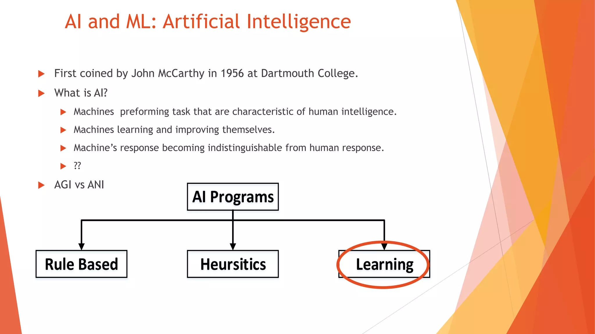 AI and ML: Artificial Intelligence
First coined by John McCarthy in 1956 at Dartmouth College.
What is AI?
Machines preforming task that are characteristic of human intelligence.
Machines learning and improving themselves.
Machine ’s response becoming indistinguishable from human response.
??
AGI vs ANI
Rule Based Heursitics Learning
AI Programs
 