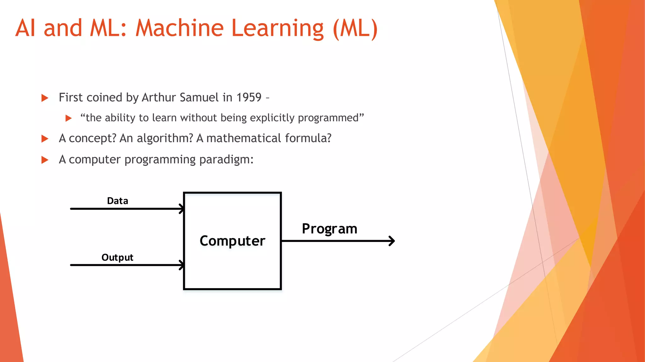 AI and ML: Machine Learning (ML)
 First coined by Arthur Samuel in 1959 –
 “the ability to learn without being explicitly programmed”
 A concept? An algorithm? A mathematical formula?
 A computer programming paradigm:
Computer
Data
Output
Program
 