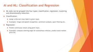 AI and ML: Classification and Regression
ML tasks can be grouped into four types: classification, regression, clustering
and dimensionality reduction.
Classification:
Assign a discreet class/label to given input.
Examples: image and speech recognition, sentiment analysis, spam filtering etc.
Regression:
Predict continuous values using given input.
Examples: compute steering angle for autonomous vehicles, predict stock market
price etc.
 