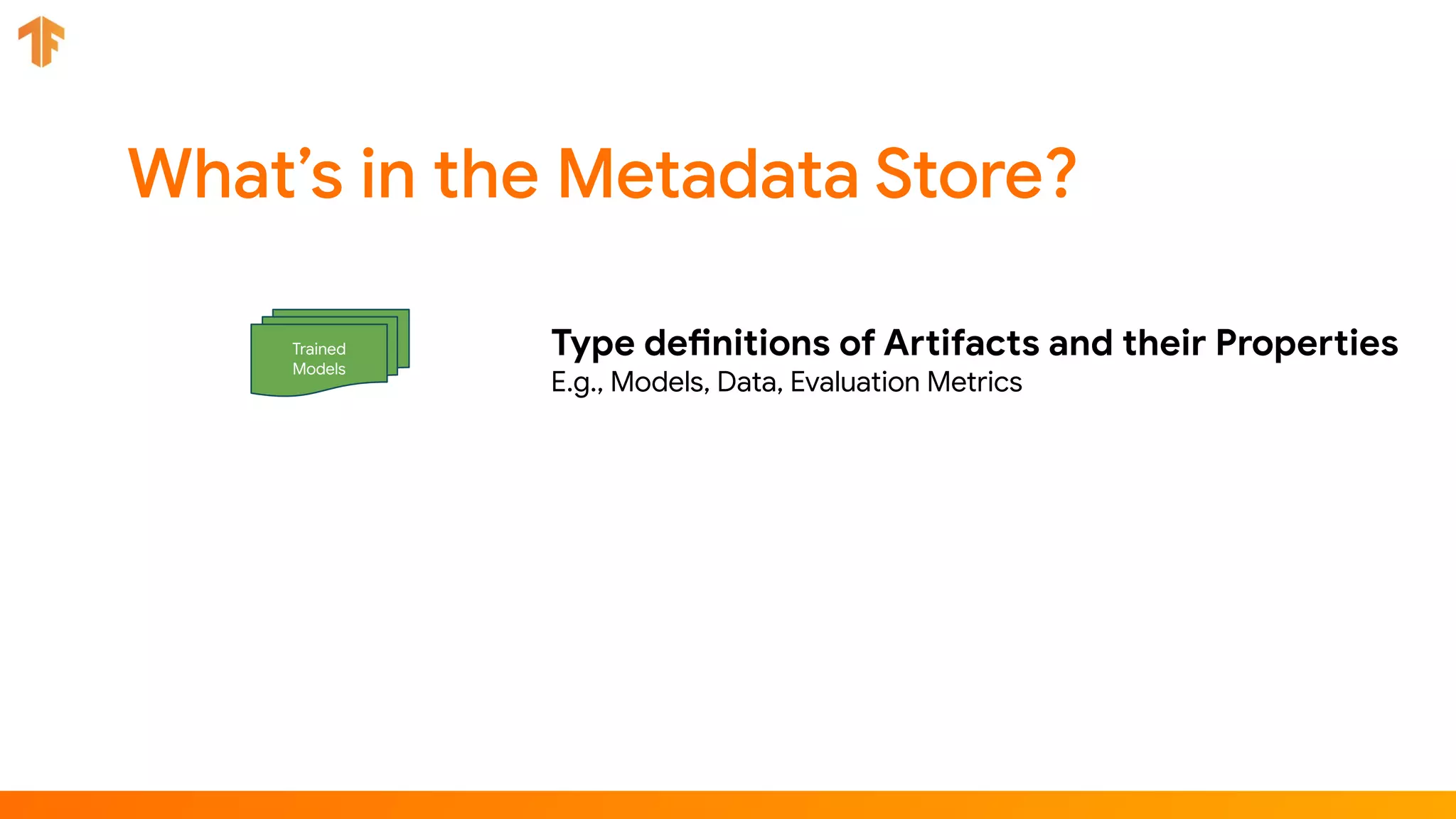 Trained
Models
Type definitions of Artifacts and their Properties
E.g., Models, Data, Evaluation Metrics
 