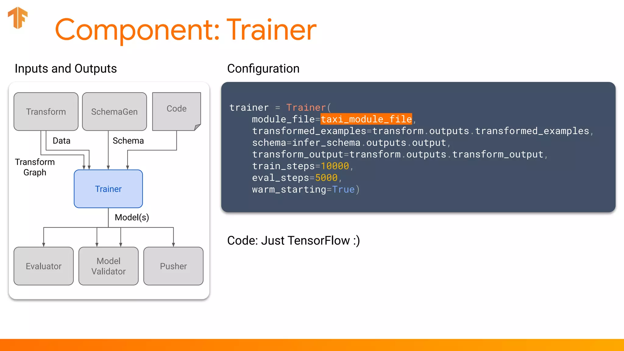 Component: Trainer
trainer = Trainer(
module_file=taxi_module_file,
transformed_examples=transform.outputs.transformed_examples,
schema=infer_schema.outputs.output,
transform_output=transform.outputs.transform_output,
train_steps=10000,
eval_steps=5000,
warm_starting=True)
Conﬁguration
Code: Just TensorFlow :)
Trainer
Data Schema
Transform SchemaGen
Evaluator
Inputs and Outputs
Code
Transform
Graph
Model
Validator
Pusher
Model(s)
 