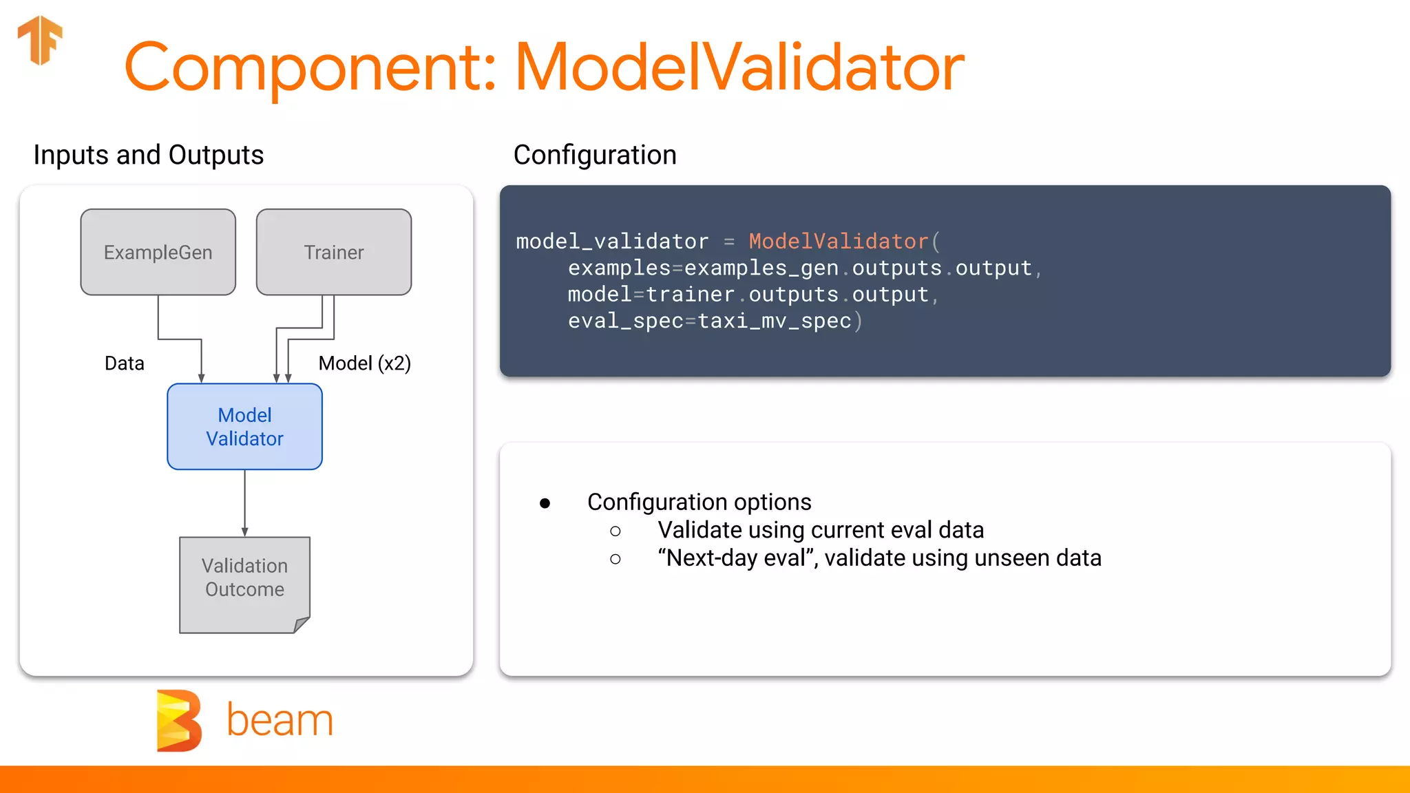 Component: ModelValidator
Model
Validator
Data
ExampleGen Trainer
Inputs and Outputs
Validation
Outcome
Model (x2)
model_validator = ModelValidator(
examples=examples_gen.outputs.output,
model=trainer.outputs.output,
eval_spec=taxi_mv_spec)
Conﬁguration
● Conﬁguration options
○ Validate using current eval data
○ “Next-day eval”, validate using unseen data
 