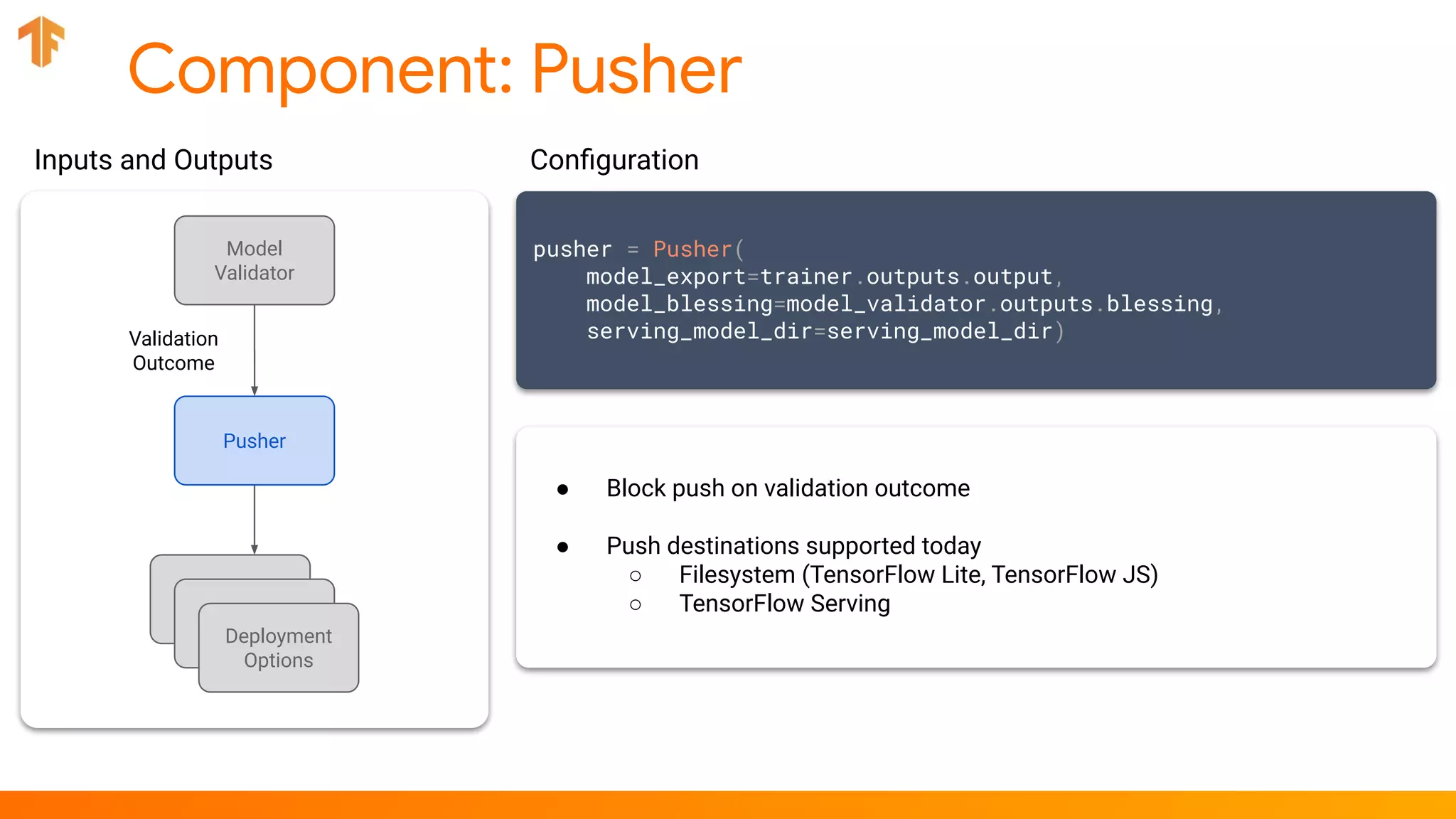 Component: Pusher
Validation
Outcome
Pusher
Model
Validator
Inputs and Outputs
Pusher
Pusher
Deployment
Options
pusher = Pusher(
model_export=trainer.outputs.output,
model_blessing=model_validator.outputs.blessing,
serving_model_dir=serving_model_dir)
Conﬁguration
● Block push on validation outcome
● Push destinations supported today
○ Filesystem (TensorFlow Lite, TensorFlow JS)
○ TensorFlow Serving
 