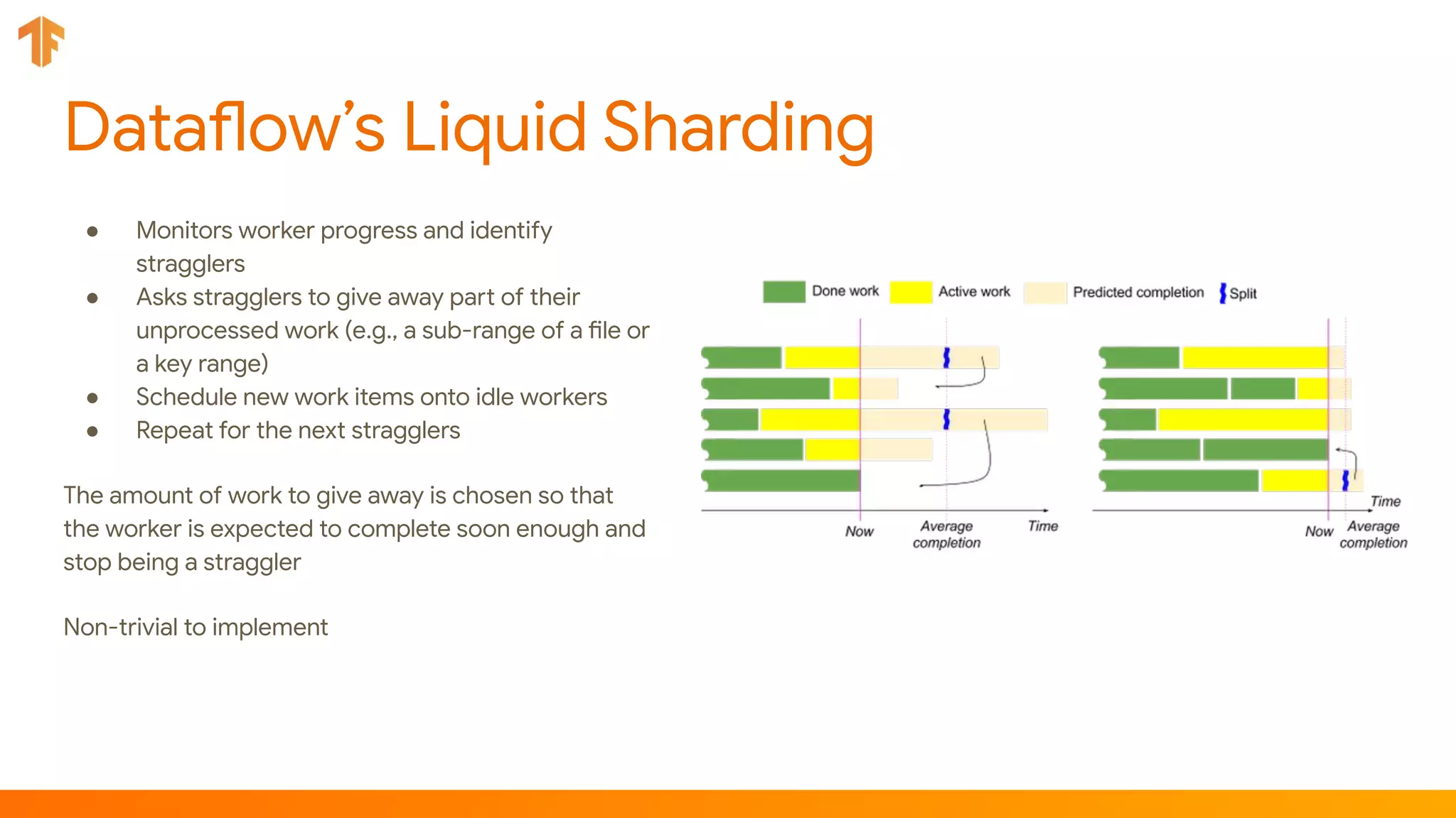 Dataflow’s Liquid Sharding
● Monitors worker progress and identify
stragglers
● Asks stragglers to give away part of their
unprocessed work (e.g., a sub-range of a file or
a key range)
● Schedule new work items onto idle workers
● Repeat for the next stragglers
The amount of work to give away is chosen so that
the worker is expected to complete soon enough and
stop being a straggler
Non-trivial to implement
 
