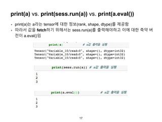17
print(a) vs. print(sess.run(a)) vs. print(a.eval())
• print(a)는 a라는 tensor에 대한 정보(rank, shape, dtype)를 제공함
• 따라서 값을 fetch하기 위해서는 sess.run(a)를 출력해야하고 이에 대한 축약 버
전이 a.eval()임
 