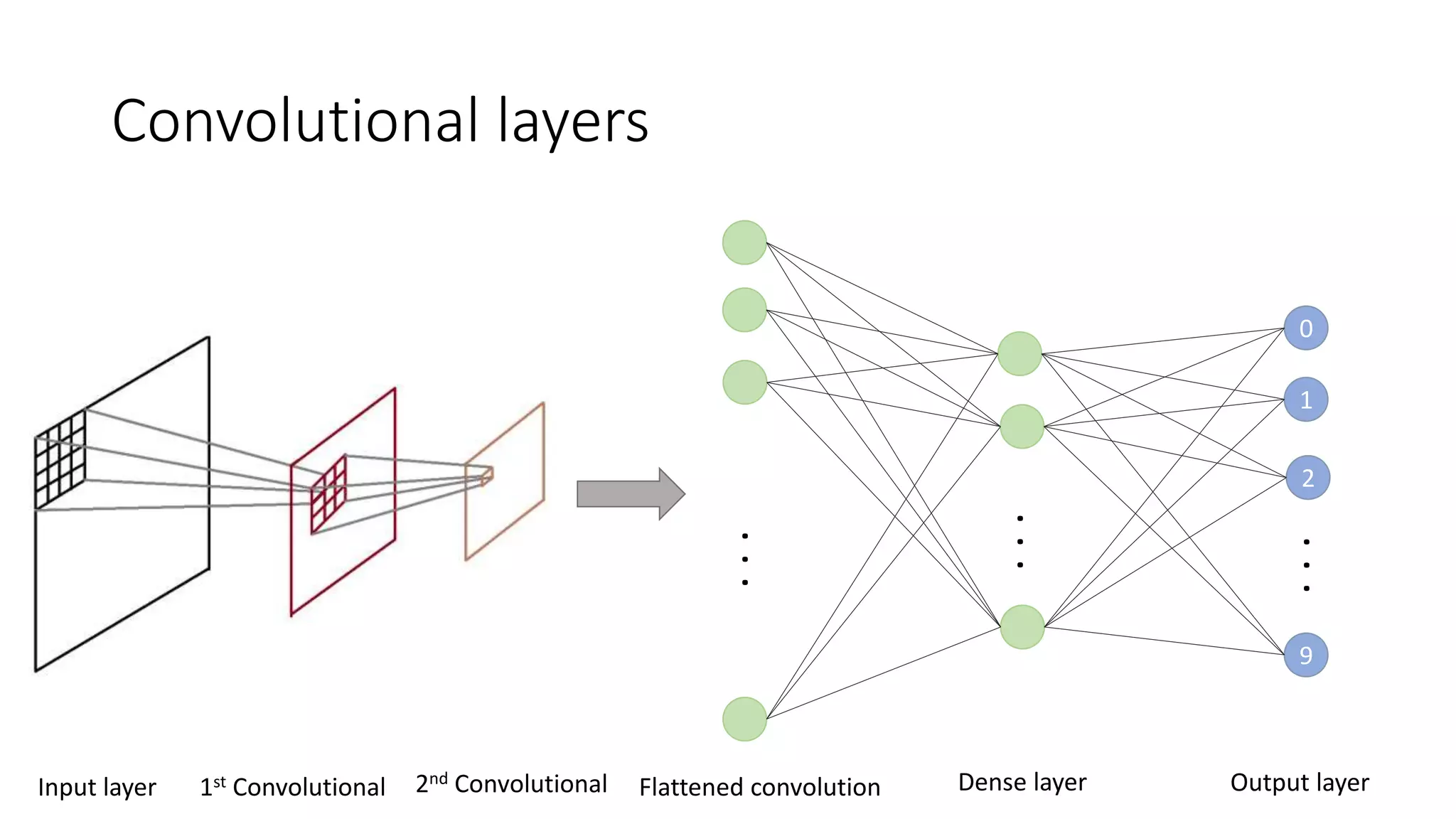 Convolutional layers
...
Dense layer
2
9
0
1
...
Output layer
...
Flattened convolutionInput layer 1st Convolutional 2nd Convolutional
 