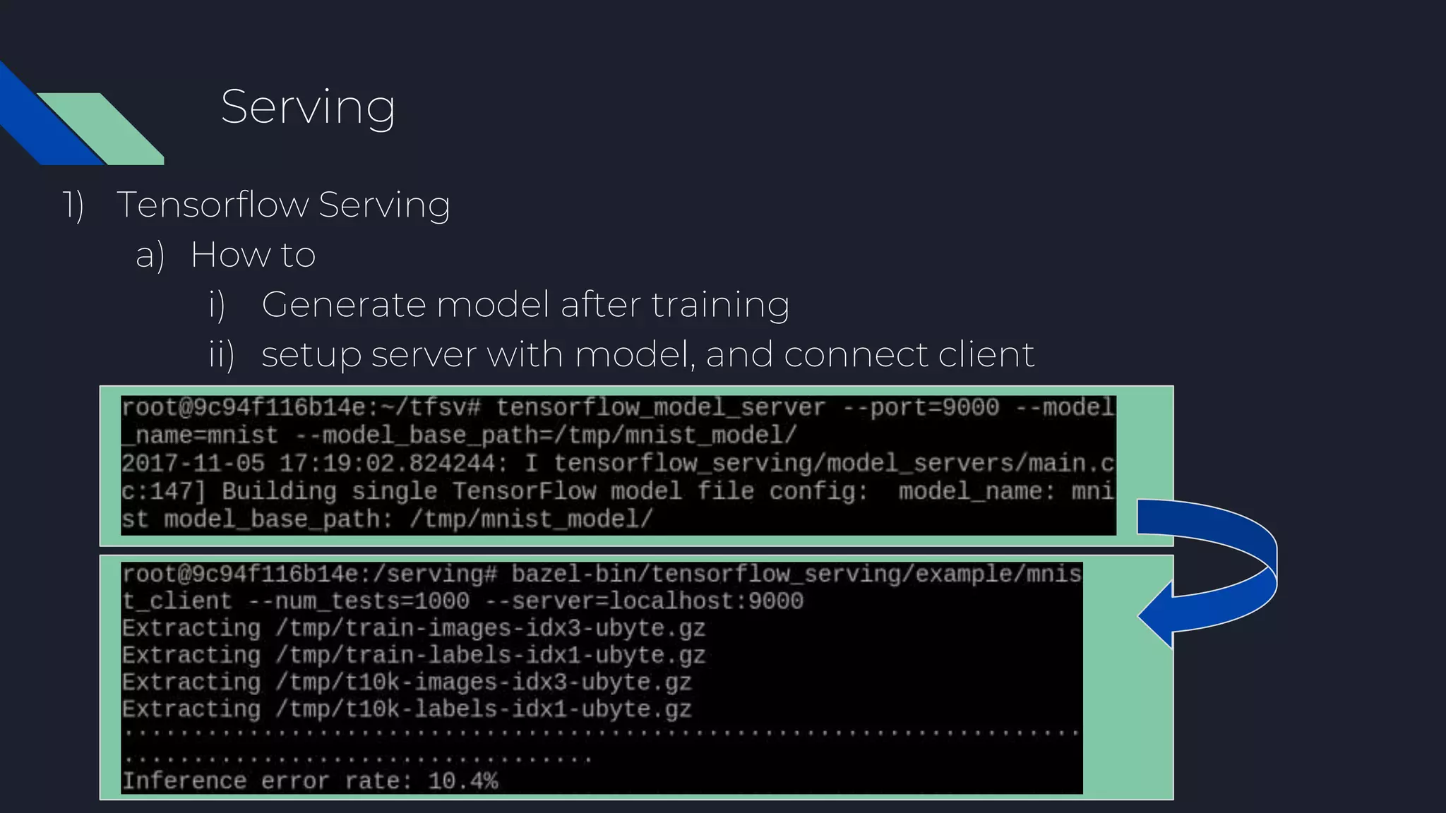 Serving
1) Tensorflow Serving
a) How to
i) Generate model after training
ii) setup server with model, and connect client
 