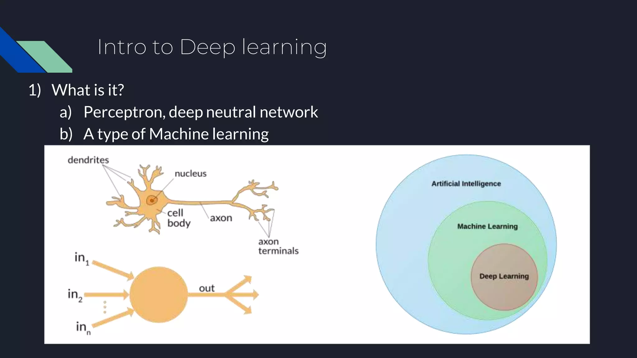 Intro to Deep learning
1) What is it?
a) Perceptron, deep neutral network
b) A type of Machine learning
 