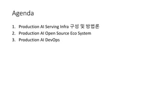 Agenda
1. Production AI Serving Infra 구성 및 방법론
2. Production AI Open Source Eco System
3. Production AI DevOps
 