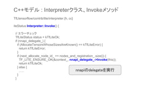 TfLtensorflow/contrib/lite/interpreter.{h, cc}
iteStatus Interpreter::Invoke() {
// エラーチェック
TfLiteStatus status = kTfLiteOk;
if (nnapi_delegate_) {
if (AllocateTensorsWhoseSizesAreKnown() == kTfLiteError) {
return kTfLiteError;
}
if (next_allocate_node_id_ == nodes_and_registration_.size()) {
TF_LITE_ENSURE_OK(&context_, nnapi_delegate_->Invoke(this));
return kTfLiteOk;
} else {
…..
}
}
nnapiのdelegateを実行
C++モデル : Interpreterクラス、Invokeメソッド
 