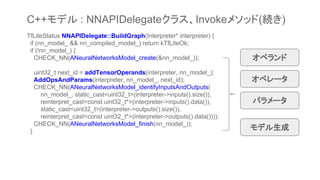 TfLiteStatus NNAPIDelegate::BuildGraph(Interpreter* interpreter) {
if (nn_model_ && nn_compiled_model_) return kTfLiteOk;
if (!nn_model_) {
CHECK_NN(ANeuralNetworksModel_create(&nn_model_));
uint32_t next_id = addTensorOperands(interpreter, nn_model_);
AddOpsAndParams(interpreter, nn_model_, next_id);
CHECK_NN(ANeuralNetworksModel_identifyInputsAndOutputs(
nn_model_, static_cast<uint32_t>(interpreter->inputs().size()),
reinterpret_cast<const uint32_t*>(interpreter->inputs().data()),
static_cast<uint32_t>(interpreter->outputs().size()),
reinterpret_cast<const uint32_t*>(interpreter->outputs().data())));
CHECK_NN(ANeuralNetworksModel_finish(nn_model_));
} モデル生成
オペランド
オペレータ
パラメータ
C++モデル : NNAPIDelegateクラス、Invokeメソッド(続き)
 