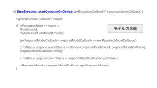 int StepExecutor::startComputeOnDevice(sp<ExecutionCallback>* synchronizationCallback) {
*synchronizationCallback = nullptr;
if (mPreparedModel == nullptr) {
Model model;
mModel->setHidlModel(&model);
sp<PreparedModelCallback> preparedModelCallback = new PreparedModelCallback();
ErrorStatus prepareLaunchStatus = mDriver->prepareModel(model, preparedModelCallback);
preparedModelCallback->wait();
ErrorStatus prepareReturnStatus = preparedModelCallback->getStatus();
mPreparedModel = preparedModelCallback->getPreparedModel();
}
モデルの準備
 