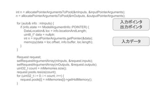 int n = allocatePointerArgumentsToPool(&mInputs, &inputPointerArguments);
n = allocatePointerArgumentsToPool(&mOutputs, &outputPointerArguments);
for (auto& info : mInputs) {
if (info.state == ModelArgumentInfo::POINTER) {
DataLocation& loc = info.locationAndLength;
uint8_t* data = nullptr;
int n = inputPointerArguments.getPointer(&data);
memcpy(data + loc.offset, info.buffer, loc.length);
}
}
Request request;
setRequestArgumentArray(mInputs, &request.inputs);
setRequestArgumentArray(mOutputs, &request.outputs);
uint32_t count = mMemories.size();
request.pools.resize(count);
for (uint32_t i = 0; i < count; i++) {
request.pools[i] = mMemories[i]->getHidlMemory();
}
入力ポインタ
出力ポインタ
入力データ
 
