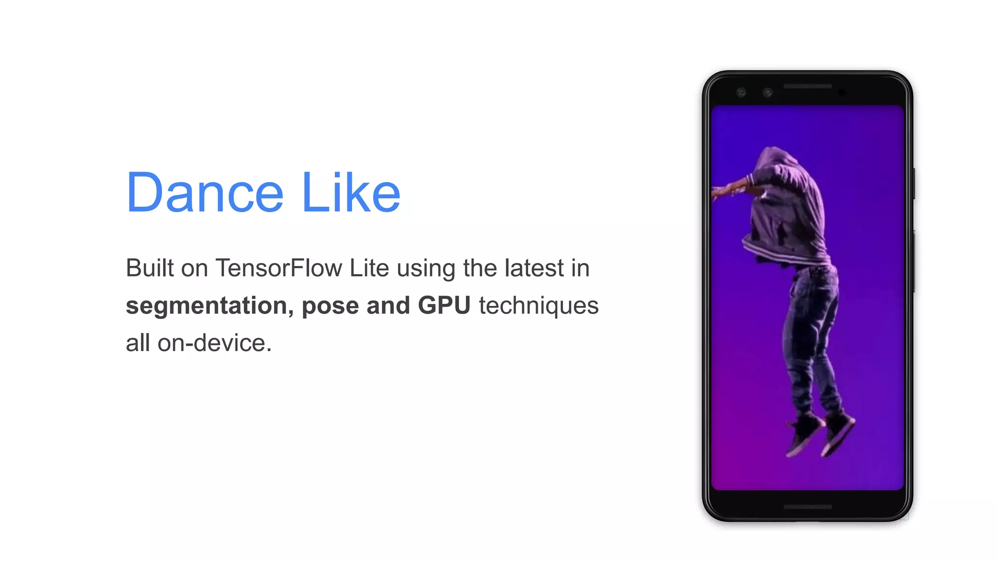 Dance Like
Built on TensorFlow Lite using the latest in
segmentation, pose and GPU techniques
all on-device.
 