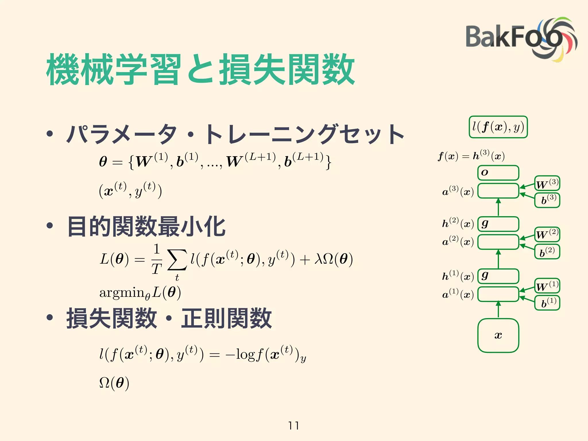 機械学習と損失関数
• パラメータ・トレーニングセット
• 目的関数最小化
• 損失関数・正則関数
a(1)
(x)
a(2)
(x)
a(3)
(x)
h(2)
(x)
h(1)
(x)
f(x) = h(3)
(x)
g
g
o
b(1)
W (1)
b(3)
b(2)
W (2)
W (3)
x
l(f(x), y)
✓ = {W (1)
, b(1)
, ..., W (L+1)
, b(L+1)
}
(x(t)
, y(t)
)
⌦(✓)
l(f(x(t)
; ✓), y(t)
) = logf(x(t)
)y
L(✓) =
1
T
X
t
l(f(x(t)
; ✓), y(t)
) + ⌦(✓)
argmin✓L(✓)
11
 