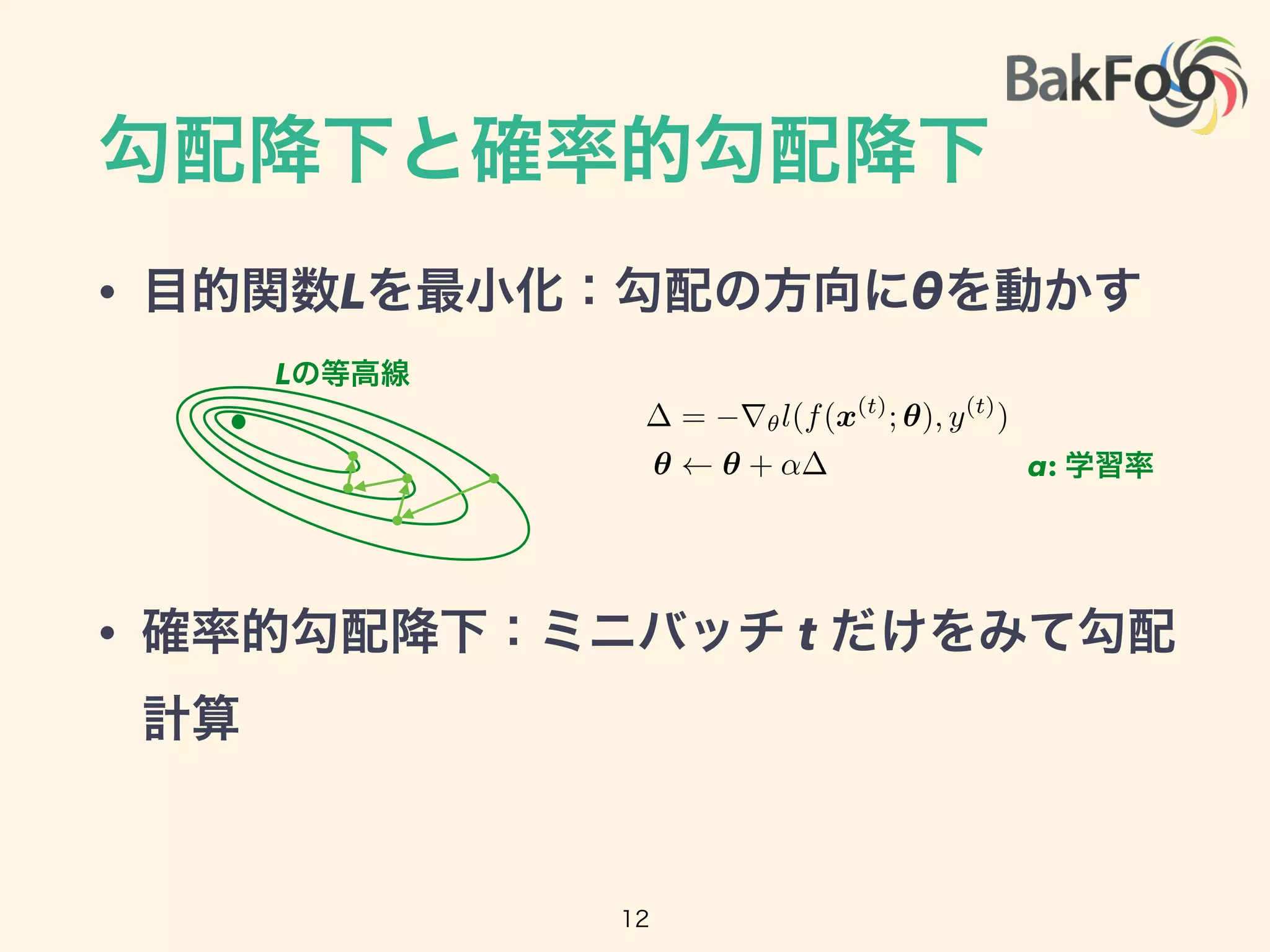 勾配降下と確率的勾配降下
• 目的関数Lを最小化：勾配の方向にθを動かす
• 確率的勾配降下：ミニバッチ t だけをみて勾配
計算
= r✓l(f(x(t)
; ✓), y(t)
)
✓ ✓ + ↵
Lの等高線
α: 学習率
12
 