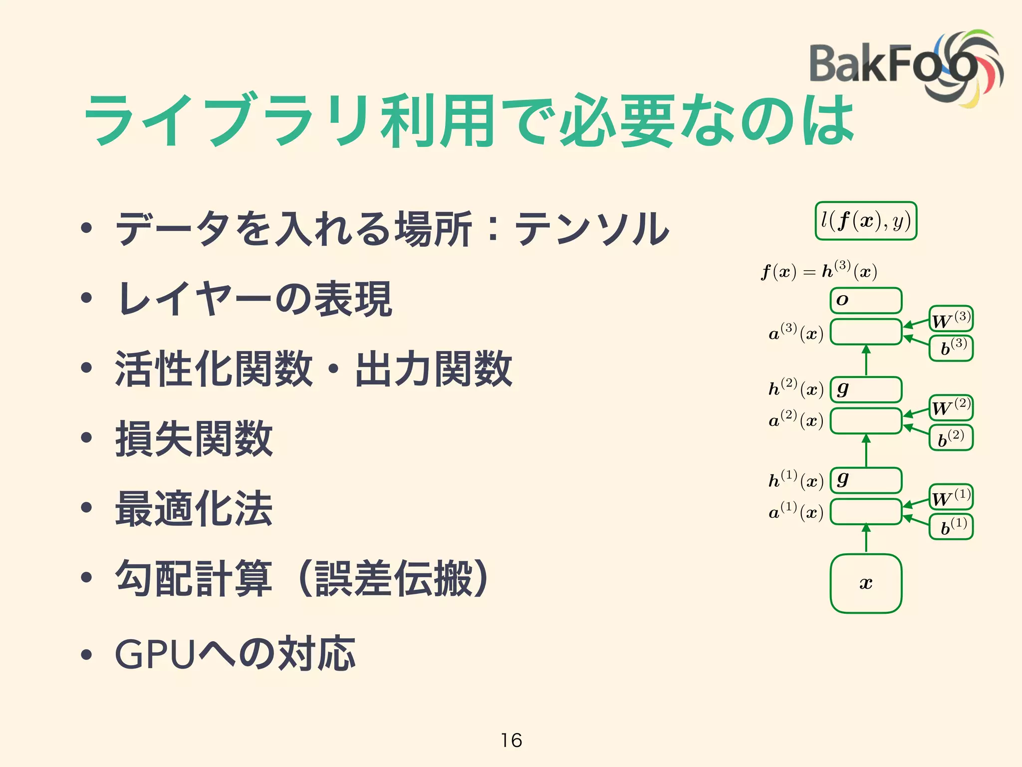 ライブラリ利用で必要なのは
• データを入れる場所：テンソル
• レイヤーの表現
• 活性化関数・出力関数
• 損失関数
• 最適化法
• 勾配計算（誤差伝搬）
• GPUへの対応
a(1)
(x)
a(2)
(x)
a(3)
(x)
h(2)
(x)
h(1)
(x)
f(x) = h(3)
(x)
g
g
o
b(1)
W (1)
b(3)
b(2)
W (2)
W (3)
x
l(f(x), y)
16
 
