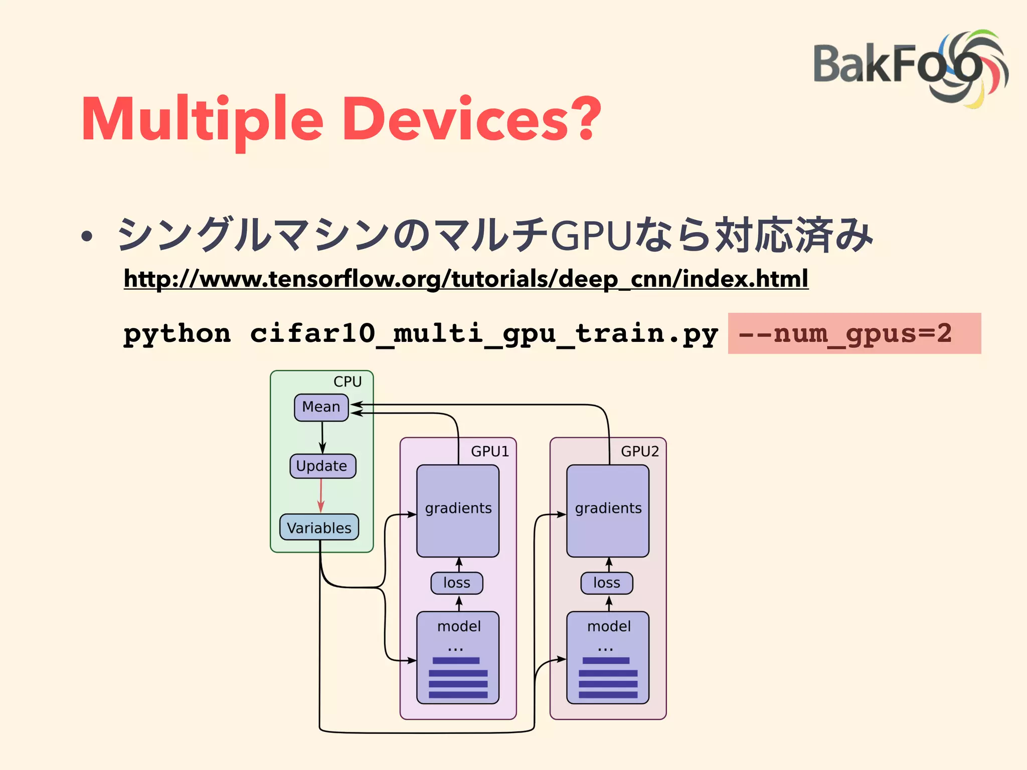 Performance
• 単一マシンの速度はあまり速くない…
• ただ，Gの力を結集して最適化真っ最中
https://github.com/soumith/convnet-benchmarks/issues/66
 