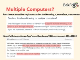 Multiple Devices?
• シングルマシンのマルチGPUなら対応済み
http://www.tensorﬂow.org/tutorials/deep_cnn/index.html
python cifar10_multi_gpu_train.py --num_gpus=2
 