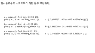 텐서플로우로 소프트맥스 다항 분류 구현하기
a = sess.run(h, feed_dict={X: [[11, 7]]})
print ("a :", a, sess.run(tf.arg_max(a, 1)))
b = sess.run(h, feed_dict={X: [[3, 4]]})
print ("b :", b, sess.run(tf.arg_max(b, 1)))
c = sess.run(h, feed_dict={X: [[1, 0]]})
print ("c :", c, sess.run(tf.arg_max(c, 1)))
a : [[ 0.46272621 0.35483006 0.18244369]] [0]
b : [[ 0.33820099 0.42101386 0.24078514]] [1]
c : [[ 0.27002314 0.29085544 0.4391214 ]] [2]
 