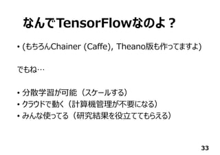 なんでTensorFlowなのよ︖
• (もちろんChainer (Caffe), Theano版も作ってますよ)
でもね…
• 分散学習が可能（スケールする）
• クラウドで動く（計算機管理が不要になる）
• みんな使ってる（研究結果を役⽴ててもらえる）
33
 