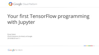 Google confidential | Do not distribute
Your first TensorFlow programming
with Jupyter
Etsuji Nakai
Cloud Solutions Architect at Google
2016/08/29 ver1.1
 