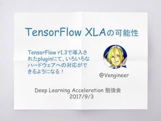Deep Learning Acceleration 勉強会
2017/9/3
TensorFlow XLAの可能性
TensorFlow r1.3で導入さ
れたpluginにて、いろいろな
ハードウェアへの対応がで
きるようになる！
@Vengineer
 