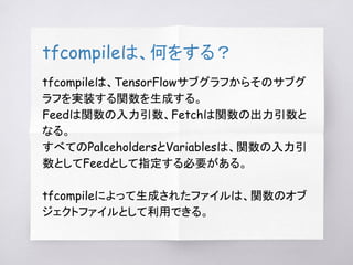 tfcompileは、何をする？
tfcompileは、TensorFlowサブグラフからそのサブグ
ラフを実装する関数を生成する。
Feedは関数の入力引数、Fetchは関数の出力引数と
なる。
すべてのPalceholdersとVariablesは、関数の入力引
数としてFeedとして指定する必要がある。
tfcompileによって生成されたファイルは、関数のオブ
ジェクトファイルとして利用できる。
 