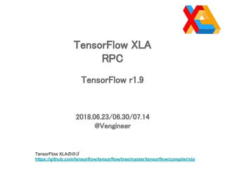 TensorFlow XLA
RPC
TensorFlow r1.9
2018.06.23/06.30/07.14
@Vengineer
TensorFlow XLAのロゴ
https://github.com/tensorflow/tensorflow/tree/master/tensorflow/compiler/xla
 