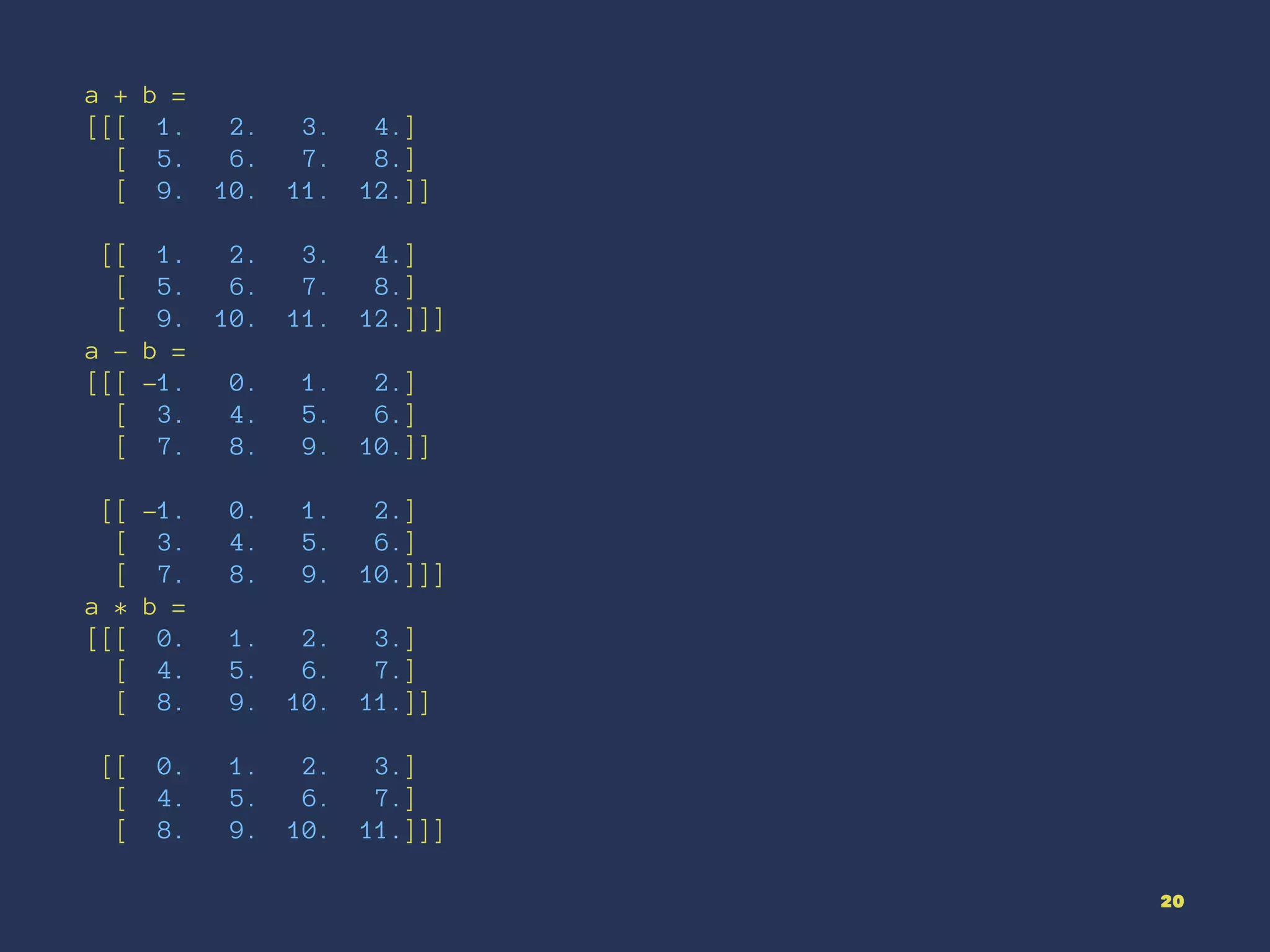 a + b =
[[[ 1. 2. 3. 4.]
[ 5. 6. 7. 8.]
[ 9. 10. 11. 12.]]
[[ 1. 2. 3. 4.]
[ 5. 6. 7. 8.]
[ 9. 10. 11. 12.]]]
a - b =
[[[ -1. 0. 1. 2.]
[ 3. 4. 5. 6.]
[ 7. 8. 9. 10.]]
[[ -1. 0. 1. 2.]
[ 3. 4. 5. 6.]
[ 7. 8. 9. 10.]]]
a * b =
[[[ 0. 1. 2. 3.]
[ 4. 5. 6. 7.]
[ 8. 9. 10. 11.]]
[[ 0. 1. 2. 3.]
[ 4. 5. 6. 7.]
[ 8. 9. 10. 11.]]]
20
 