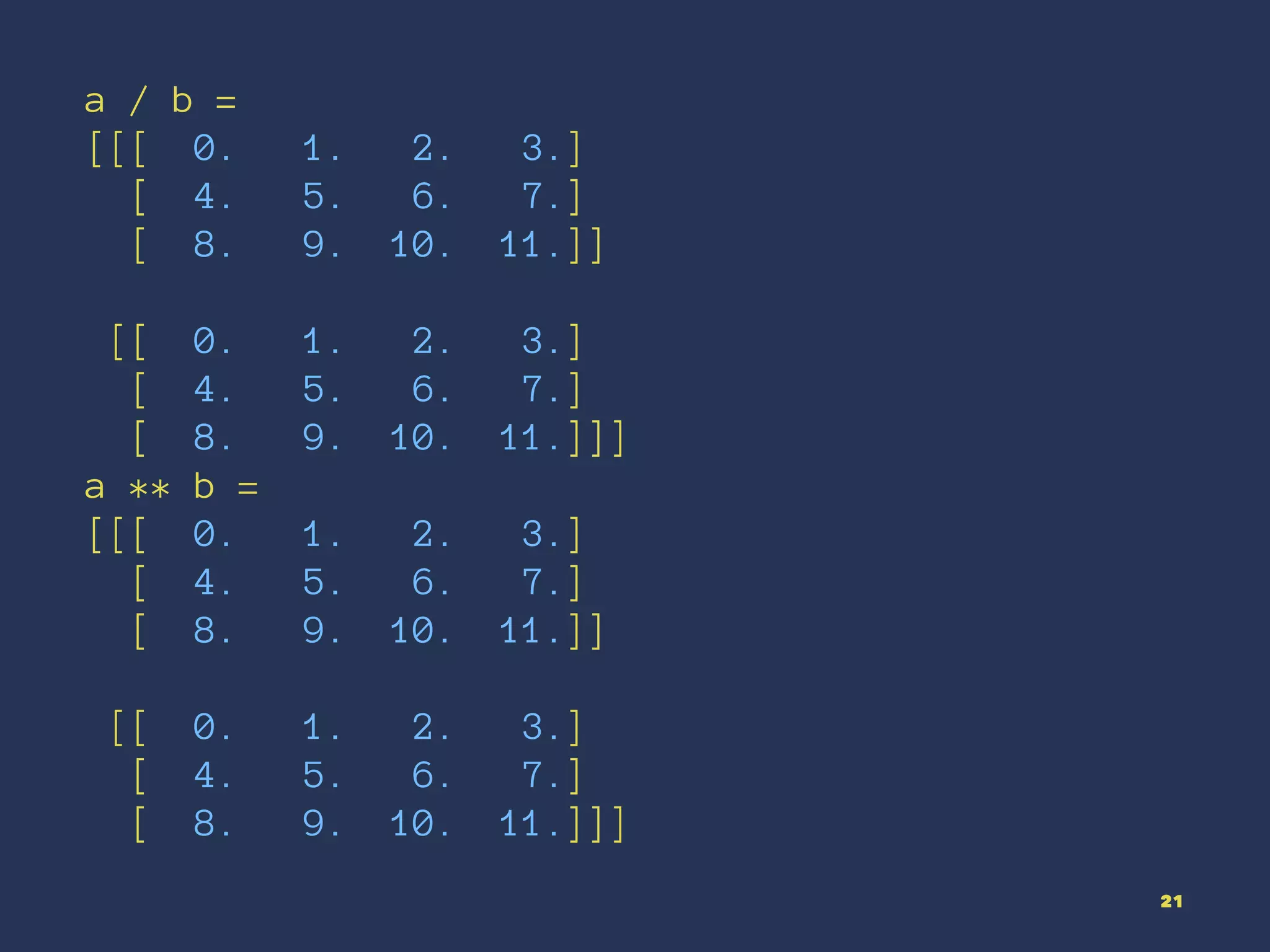 a / b =
[[[ 0. 1. 2. 3.]
[ 4. 5. 6. 7.]
[ 8. 9. 10. 11.]]
[[ 0. 1. 2. 3.]
[ 4. 5. 6. 7.]
[ 8. 9. 10. 11.]]]
a ** b =
[[[ 0. 1. 2. 3.]
[ 4. 5. 6. 7.]
[ 8. 9. 10. 11.]]
[[ 0. 1. 2. 3.]
[ 4. 5. 6. 7.]
[ 8. 9. 10. 11.]]]
21
 