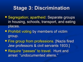 Stage 3: DiscriminationStage 3: Discrimination
 Segregation; apartheidSegregation; apartheid: Separate groups: Separate groups
in housing, schools, transport, and eatingin housing, schools, transport, and eating
places.places.
 Prohibit votingProhibit voting by members of victimby members of victim
group.group.
 Fire group from professionsFire group from professions. [Nazis fired. [Nazis fired
Jew professors & civil servants 1933.]Jew professors & civil servants 1933.]
 RequireRequire “passes” to travel“passes” to travel. Hunt and. Hunt and
arrest “undocumented aliens.”arrest “undocumented aliens.”
 