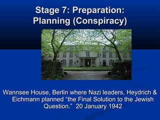 Stage 7: Preparation:Stage 7: Preparation:
Planning (Conspiracy)Planning (Conspiracy)
Wannsee House, Berlin where Nazi leaders, Heydrich &Wannsee House, Berlin where Nazi leaders, Heydrich &
Eichmann plannedEichmann planned “the Final Solution to the Jewish“the Final Solution to the Jewish
Question.” 20 January 1942Question.” 20 January 1942
 