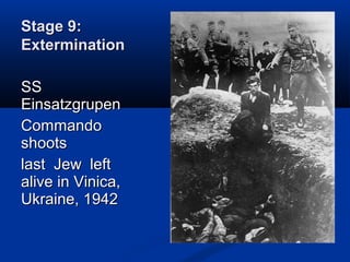 Stage 9:Stage 9:
ExterminationExtermination
SSSS
EinsatzgrupenEinsatzgrupen
CommandoCommando
shootsshoots
last Jew leftlast Jew left
alive in Vinica,alive in Vinica,
Ukraine, 1942Ukraine, 1942
 