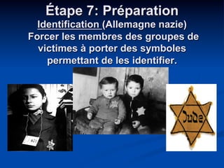 Étape 7: Préparation
Identification (Allemagne nazie)
Forcer les membres des groupes de
victimes à porter des symboles
per...